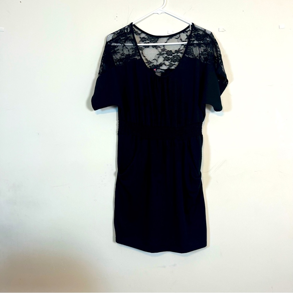 Delirious lace fabric pockets, elastic waist, black dress, extra large